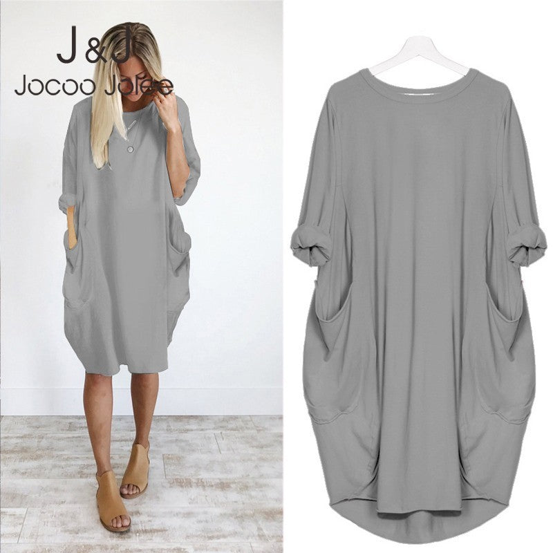 Women Casual Loose Dress with Pocket Ladies Fashion O Neck Long Tops F –  Blackout Store lk