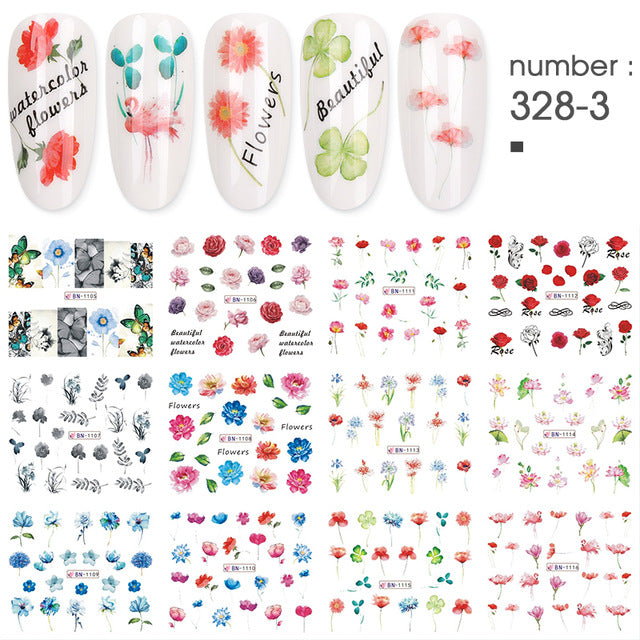 12 PC watermark slider nail stickers nail art decal water transfer flower butterfly decoration manicure watermark leaf tips