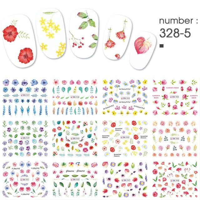 12 PC watermark slider nail stickers nail art decal water transfer flower butterfly decoration manicure watermark leaf tips