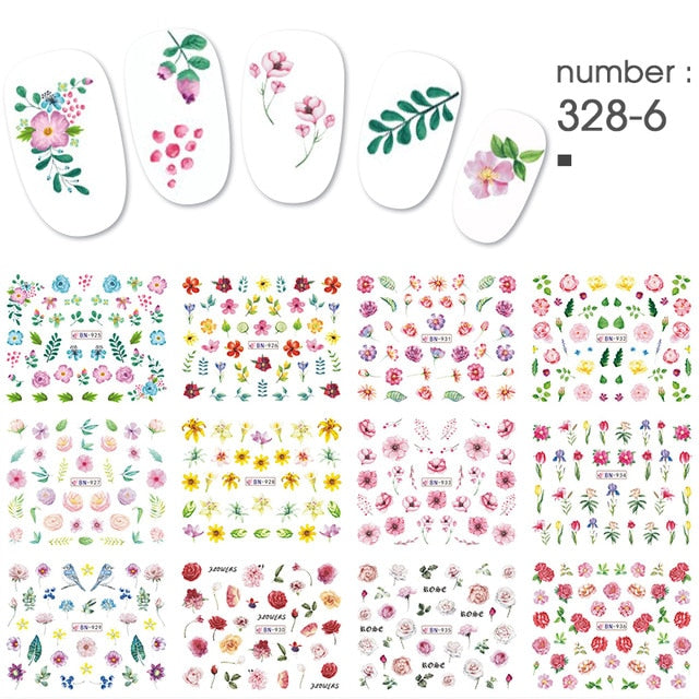 12 PC watermark slider nail stickers nail art decal water transfer flower butterfly decoration manicure watermark leaf tips