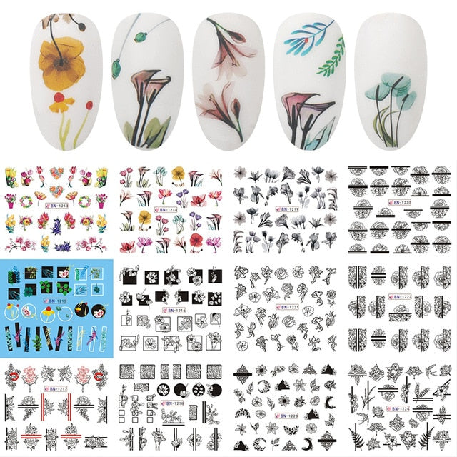 12 PC watermark slider nail stickers nail art decal water transfer flower butterfly decoration manicure watermark leaf tips