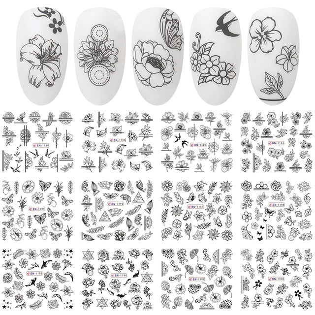 12 PC watermark slider nail stickers nail art decal water transfer flower butterfly decoration manicure watermark leaf tips