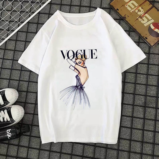 Summer New 2020 Fashion T shirt Women VOGUE letter print Harajuku Tshirt O-neck Short Sleeve T-shirt White Tops Female Clothing
