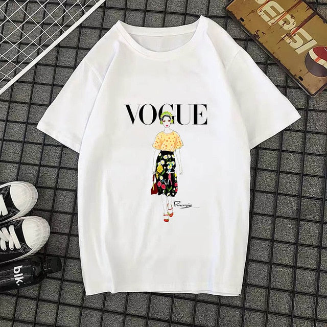 Summer New 2020 Fashion T shirt Women VOGUE letter print Harajuku Tshirt O-neck Short Sleeve T-shirt White Tops Female Clothing