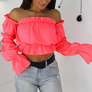 2019 Candy Color Off Shoulder Crop Tops women Summer dot print lantern sleeve shirts Lady Sexy Slash neck beach blouse