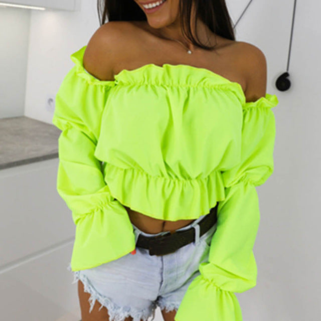 2019 Candy Color Off Shoulder Crop Tops women Summer dot print lantern sleeve shirts Lady Sexy Slash neck beach blouse