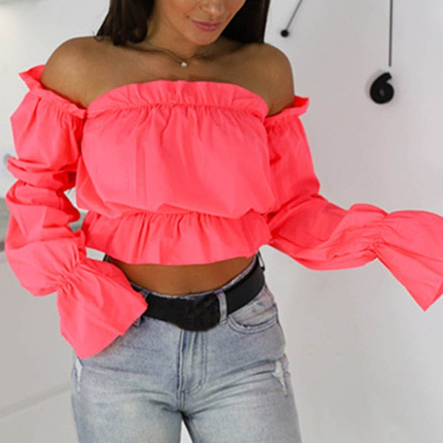2019 Candy Color Off Shoulder Crop Tops women Summer dot print lantern sleeve shirts Lady Sexy Slash neck beach blouse