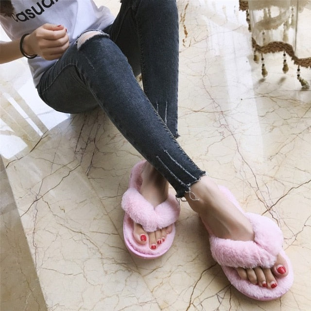 COOTELILI Winter Fashion Women Home Slippers Faux Fur Warm Shoes Woman Slip on Flats Female Fur Flip Flops Pink Plus Size 36-41