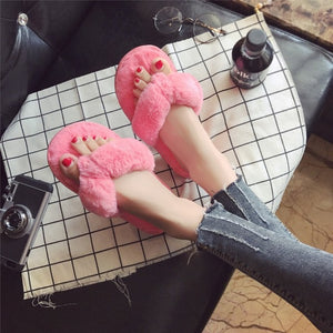 COOTELILI Winter Fashion Women Home Slippers Faux Fur Warm Shoes Woman Slip on Flats Female Fur Flip Flops Pink Plus Size 36-41