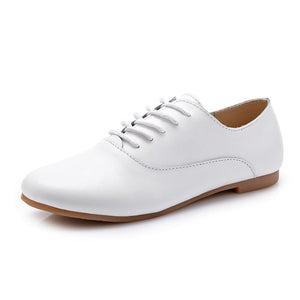 STQ 2020 Spring Women Oxford Shoes Ballerina Flats Shoes Women Genuine Leather Shoes Moccasins Lace Up Loafers White Shoes 051