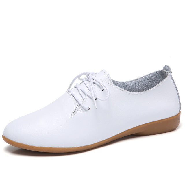 STQ 2020 Spring Women Oxford Shoes Ballerina Flats Shoes Women Genuine Leather Shoes Moccasins Lace Up Loafers White Shoes 051