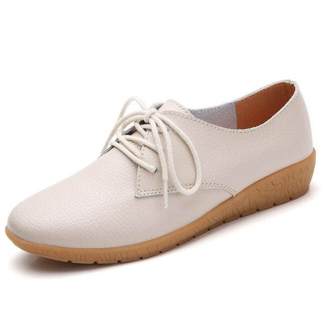 STQ 2020 Spring Women Oxford Shoes Ballerina Flats Shoes Women Genuine Leather Shoes Moccasins Lace Up Loafers White Shoes 051