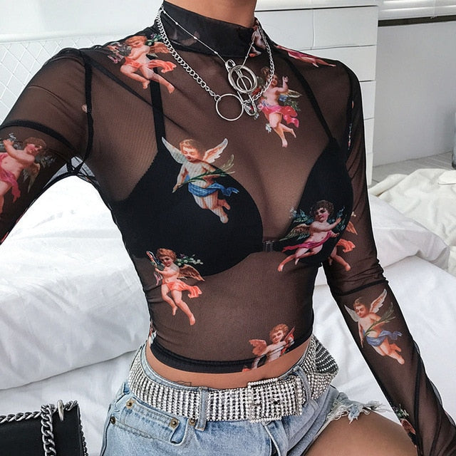 Sexy Women T Shirt See Through Transparent Mesh Tops Long Sleeve Sheer –  Blackout Store lk