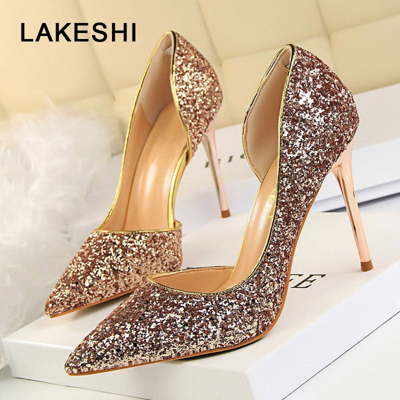 LAKESHI Women Pumps Extrem Sexy High Heels Women Shoes Thin Heels Female Shoes Wedding Shoes Gold Sliver White Ladies Shoes