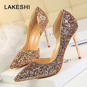 LAKESHI Women Pumps Extrem Sexy High Heels Women Shoes Thin Heels Female Shoes Wedding Shoes Gold Sliver White Ladies Shoes