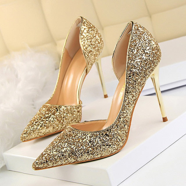 LAKESHI Women Pumps Extrem Sexy High Heels Women Shoes Thin Heels Female Shoes Wedding Shoes Gold Sliver White Ladies Shoes