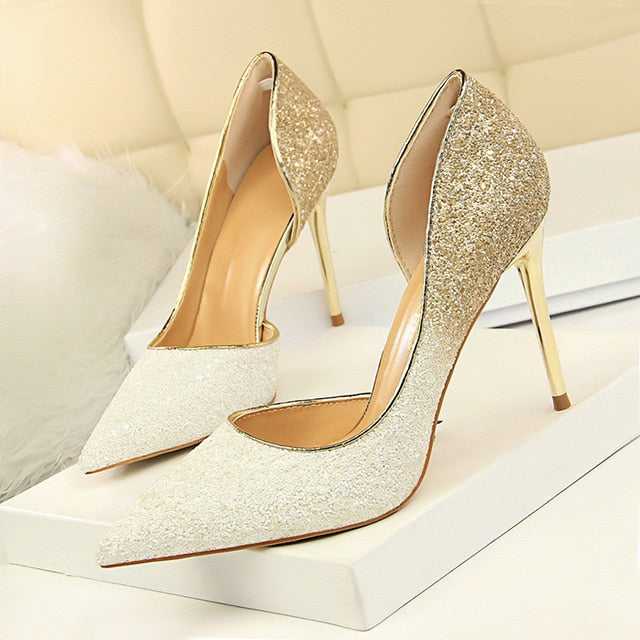 LAKESHI Women Pumps Extrem Sexy High Heels Women Shoes Thin Heels Female Shoes Wedding Shoes Gold Sliver White Ladies Shoes