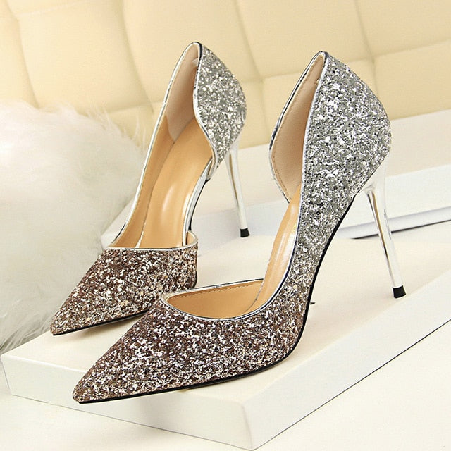 LAKESHI Women Pumps Extrem Sexy High Heels Women Shoes Thin Heels Female Shoes Wedding Shoes Gold Sliver White Ladies Shoes